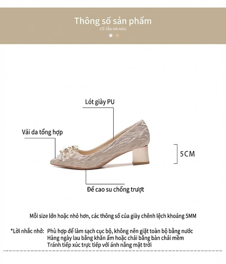 Giày Cao Gót Nữ Mũi Nhọn Gót Vuông Chiều Cao Đế Khoảng 5cm Màu Kem chi tiết 4