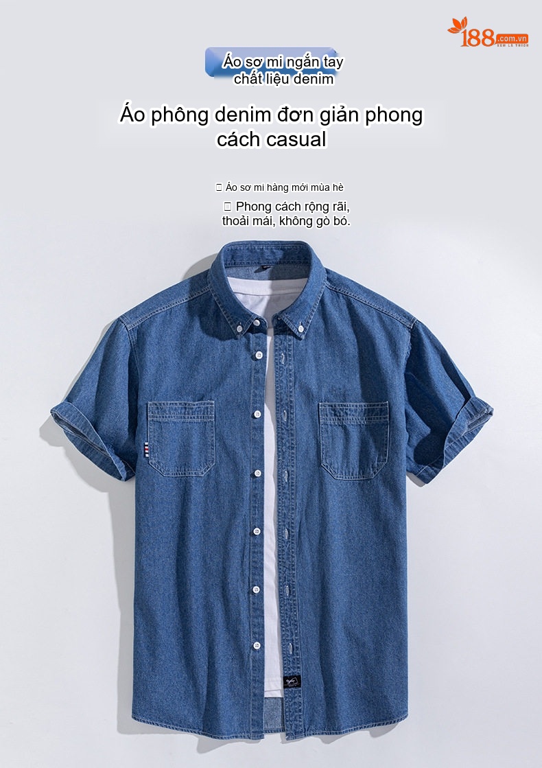 Áo Sơ Mi Tay Ngắn Cotton Denim Nam Phong Cách Hàn Quốc Màu Xanh Dương Nhạt, Xanh Dương Đậm chi tiết 1