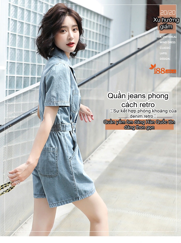 Jumpsuit Quần Short Nữ Jean Cotton Tay Ngắn Cổ chữ Vest Dáng Ôm Phong Cách Hàn Quốc Màu Xanh chi tiết 1