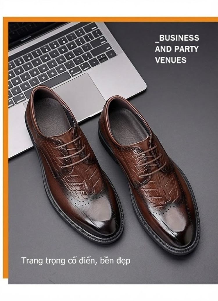 Giày Tây Buộc Dây Nam Da Bò, Kiểu dáng Brogue, Chiều Cao Đế Khoảng 3cm Màu Nâu, Đen chi tiết 4