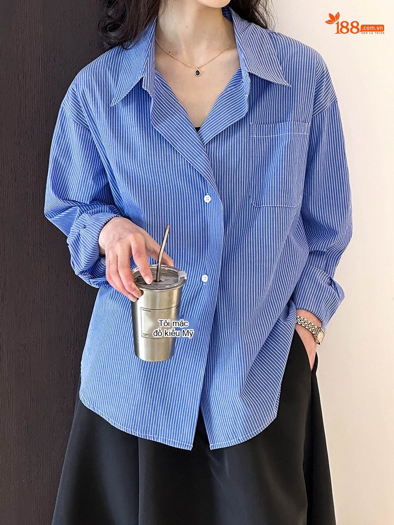 Áo Sơ Mi Nữ Tay Dài Kẻ Sọc Xanh Dương Thiết Kế Rộng Phong Cách Hàn Quốc