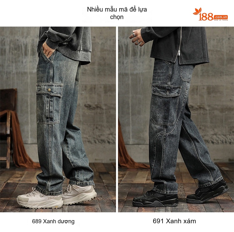 Quần Jean Cargo Nam Ống Rộng Thẳng Lưng Thun Co Giãn Nhiều Túi Phong Cách Retro Màu Xám Đen chi tiết 3