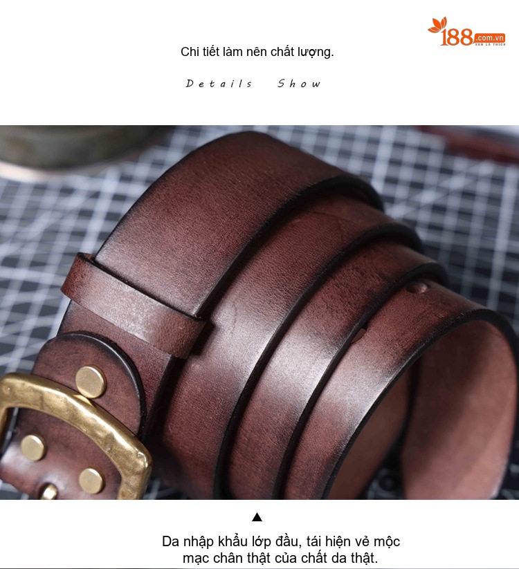 Thắt Lưng Nam Da Bò Nguyên Tấm Khóa Kim Loại Phong Cách Retro Màu Nâu, Đen, Vàng chi tiết 16