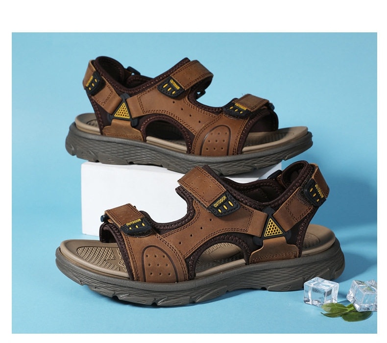 Sandal Nam Da Bò Hở Ngón Thoáng Khí Chiều Cao Đế Khoảng 3cm Màu Nâu, Đen chi tiết 6
