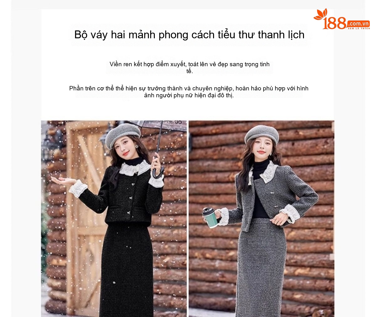 Set Áo Khoác và Chân Váy Dệt Kim Tiểu Thư Thanh Lịch Màu Xám, Đen chi tiết 7