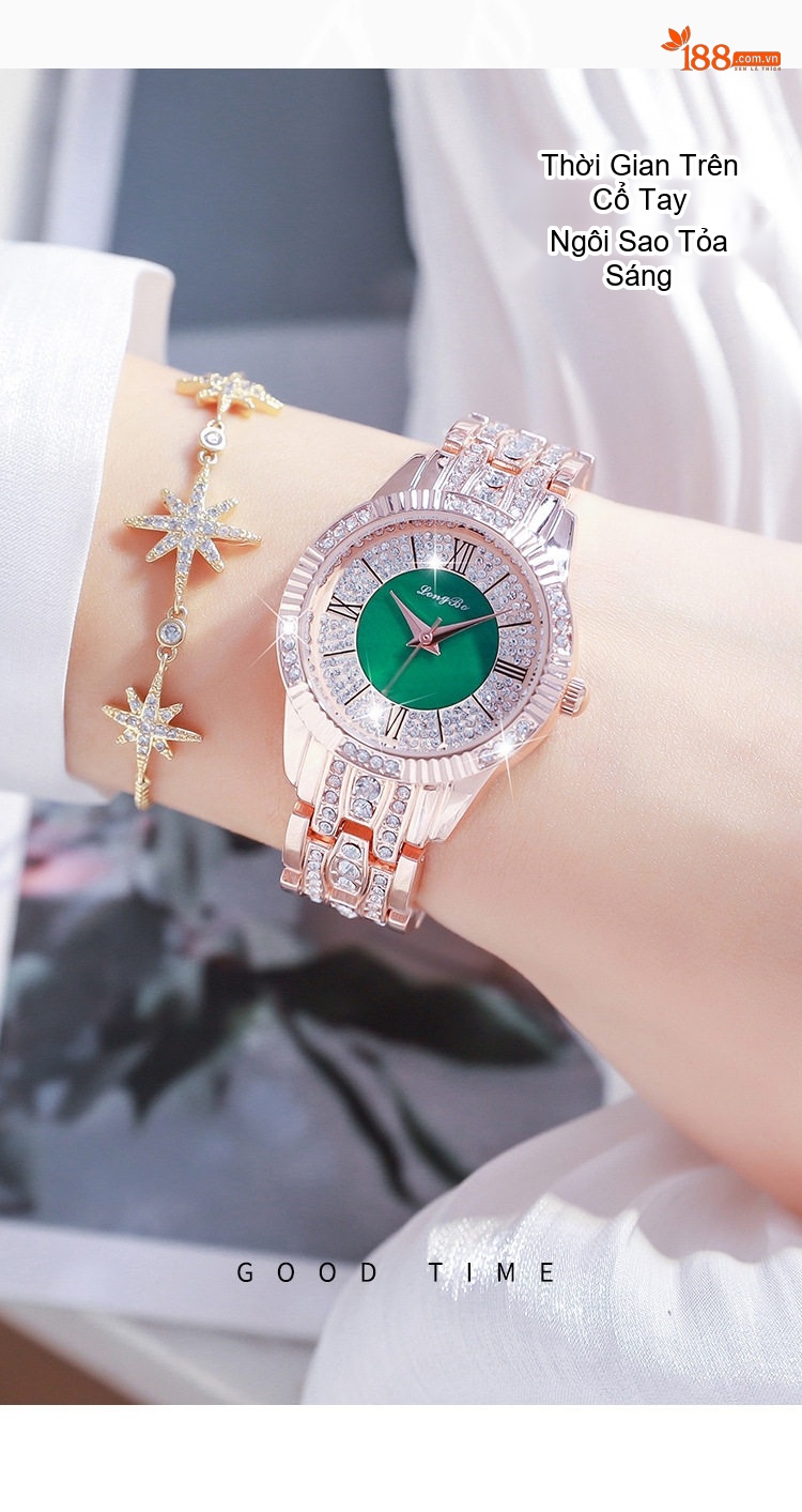 Đồng Hồ Nữ LONGBO Dây Kim Loại Đính Đá Chống Nước Màu Vàng Hồng, Trắng, Xanh... chi tiết 4