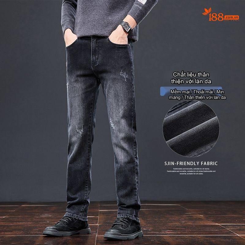 Quần Jean Nam Ống Đứng Cotton Co Giãn Nhẹ Phong Cách Casual Màu Xám Đen