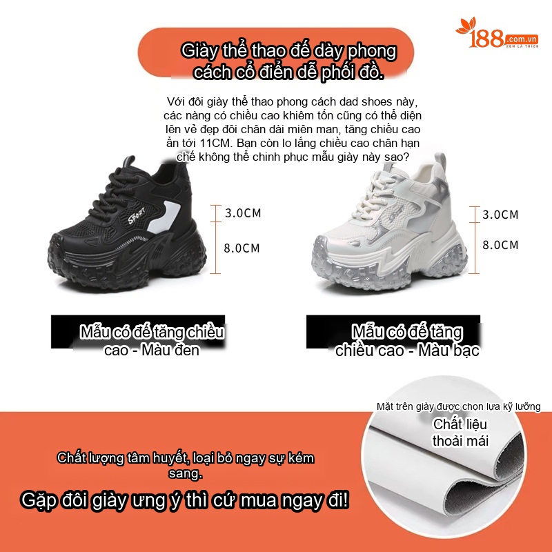 Giày Thể Thao Nữ Đế Dày Chiều Cao Đế 8cm Thoáng Khí Màu Đen, Trắng