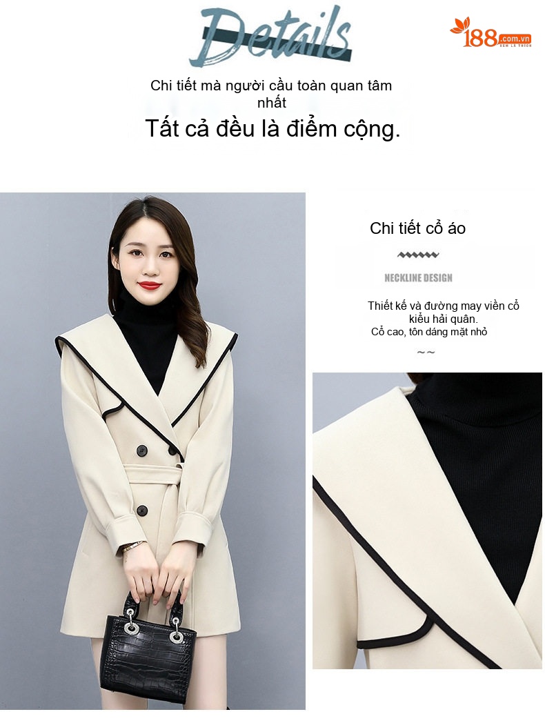 Áo Khoác Dạ Nữ Cổ Hải Quân Dáng Dài Vừa Phong Cách Hepburn Màu Kem, Nâu chi tiết 2