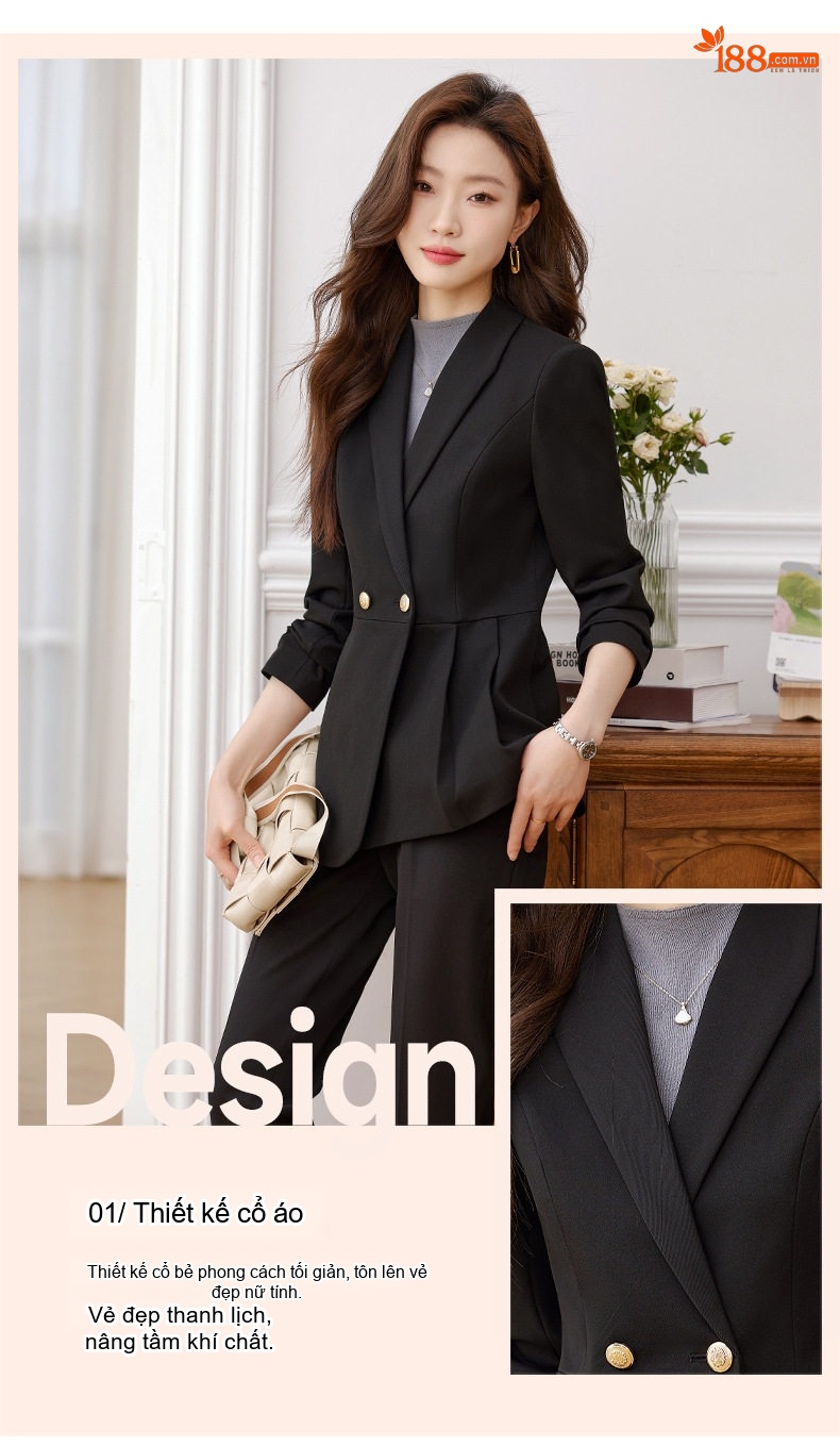 Bộ Vest Công Sở Nữ Dáng Ôm Thanh Lịch Màu Đen, Xám, Xanh Navy chi tiết 5
