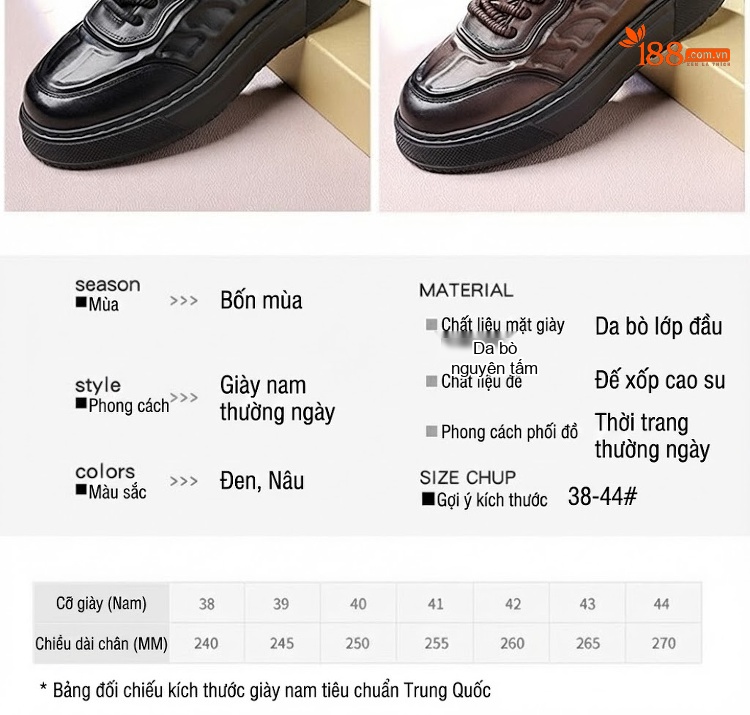 Giày Thể Thao Nam Da Bò Chiều Cao Đế Khoảng 4cm Màu Đen, Nâu chi tiết 9