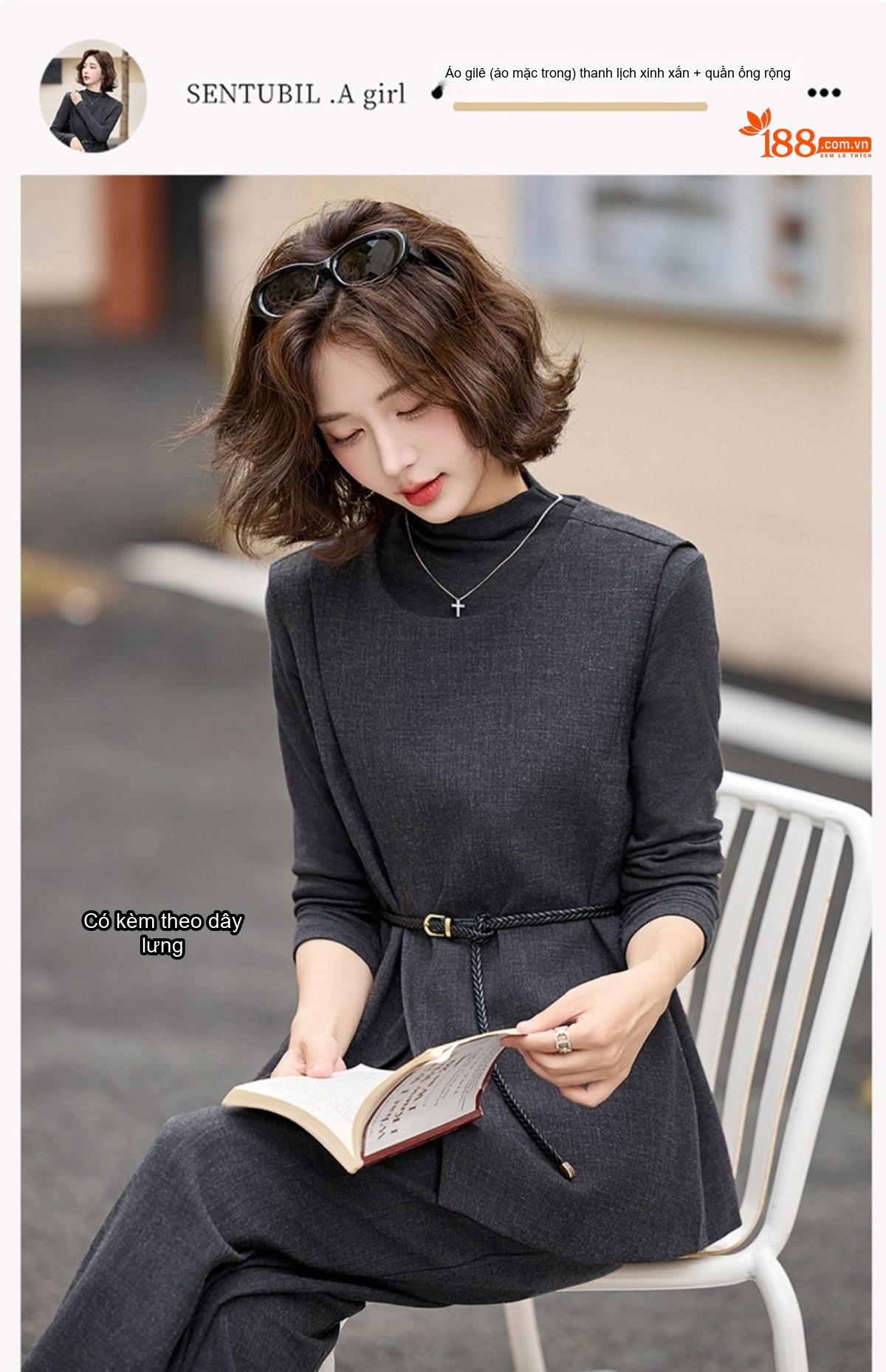 Set Bộ Vest Nữ Áo Gile Quần Ống Rộng Phong Cách Thời Trang Thanh Lịch Màu Xám chi tiết 4