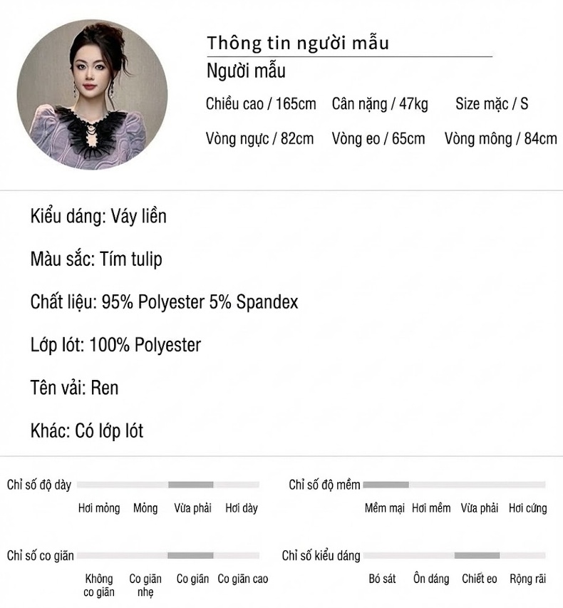 Váy liền thân Nữ Dệt Kim Tay Dài Cổ chữ V Viền Bèo Nhún Eo Ôm Dáng Màu Tím chi tiết 2