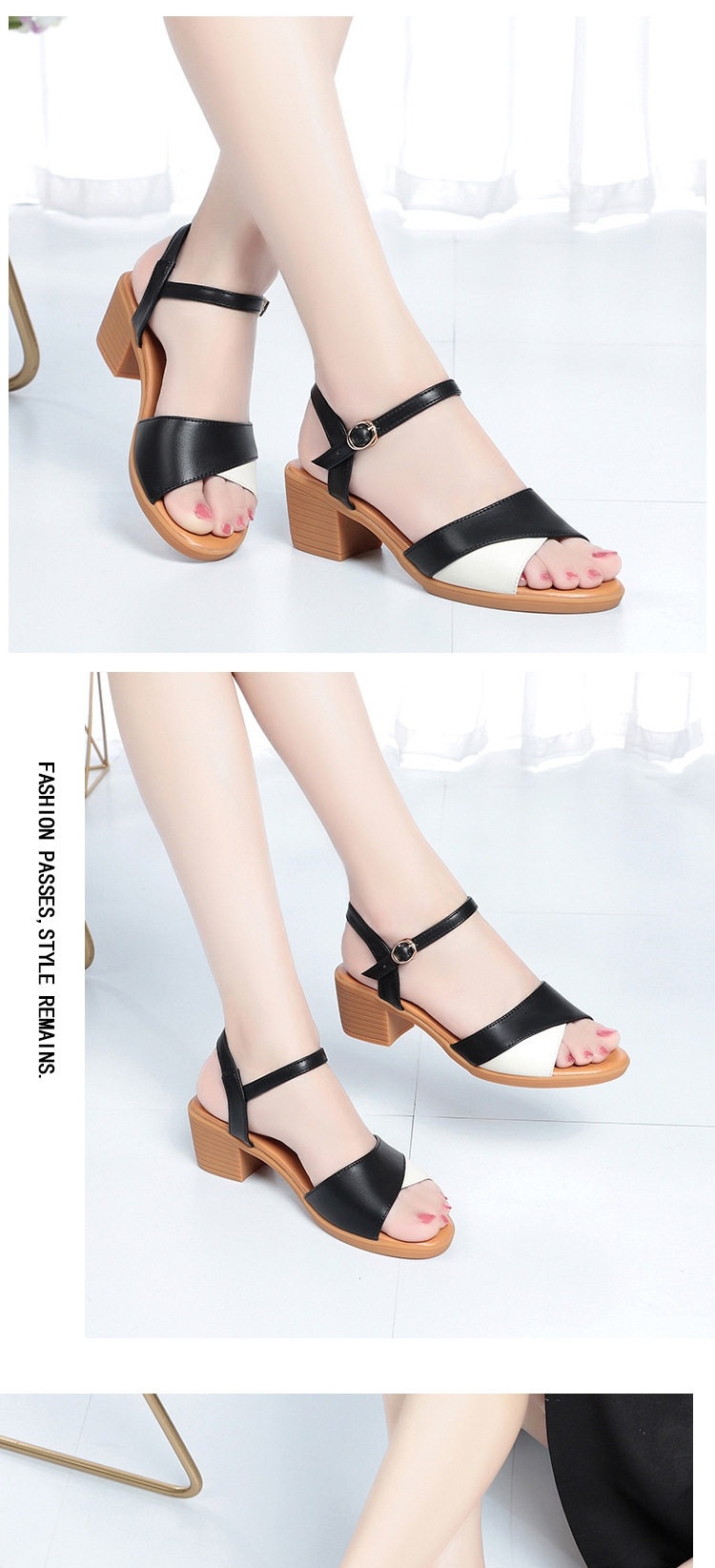 Giày Sandal Cao Gót Nữ Quai Ngang Khóa Cài Gót Vuông Da Bóng Gót Cao 7cm - 8cm Màu Đen, Nâu, Kem chi tiết 7