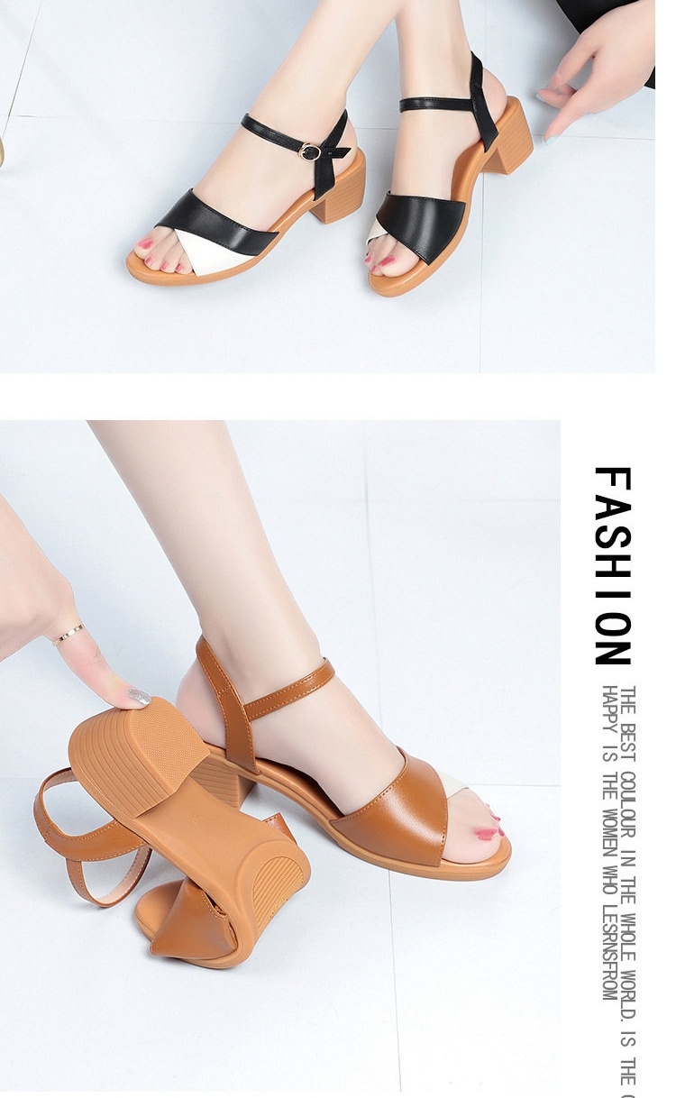 Giày Sandal Cao Gót Nữ Quai Ngang Khóa Cài Gót Vuông Da Bóng Gót Cao 7cm - 8cm Màu Đen, Nâu, Kem chi tiết 8