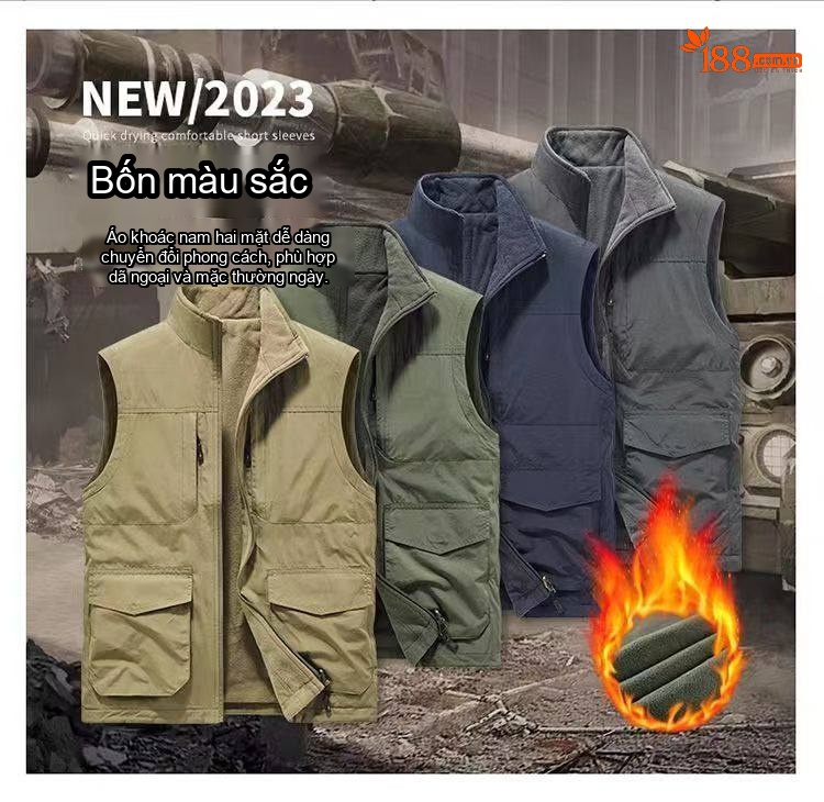 Áo Gile Nam Hai Mặt Lót Lông Dày Dặn Nhiều Túi Phong Cách Công Sở Màu Be, Xanh Rêu, Xám, Xanh Navy chi tiết 4