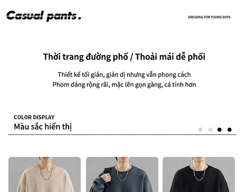 Áo Thun Tay Dài Cổ Tròn Nam Form Rộng Phong Cách Đường Phố Màu Be, Xanh, Đen chi tiết 3