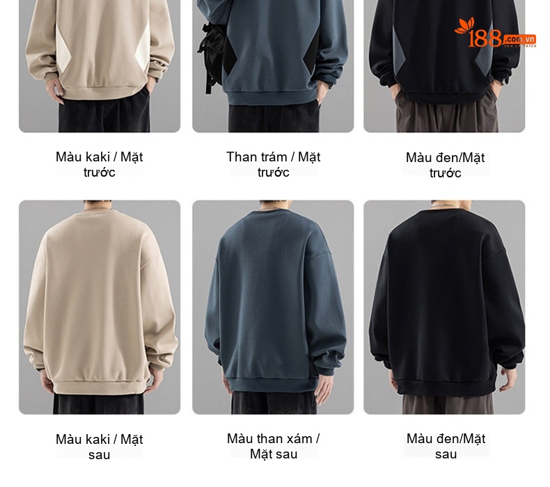 Áo Thun Tay Dài Cổ Tròn Nam Form Rộng Phong Cách Đường Phố Màu Be, Xanh, Đen chi tiết 4