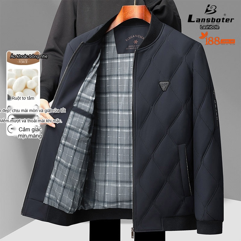 Áo Khoác Bông Nam Cổ Bóng Chày Lụa Tằm Cotton Mỏng Nhẹ Màu Đen