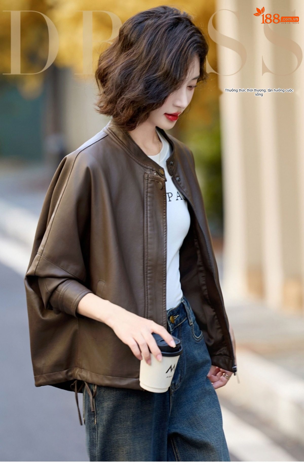 Áo Khoác Bomber Nữ Da PU Dáng Ngắn Rộng Kiểu Retro Màu Nâu, Đen chi tiết 2