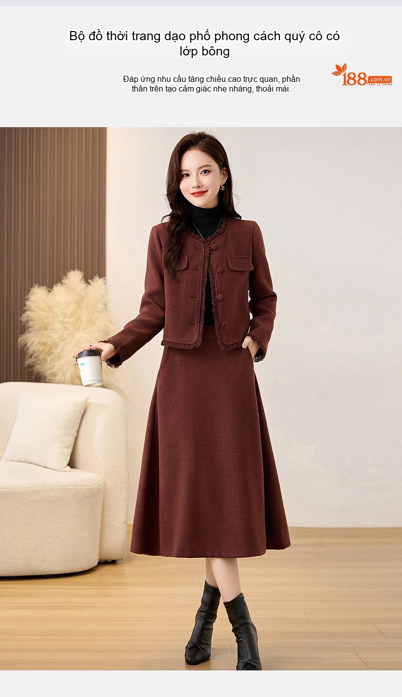 Set Áo Khoác Lửng Tay Dài Cổ Tròn và Chân Váy Midi A Line Trám Bông Dày Dặn Màu Nâu, Đỏ chi tiết 10