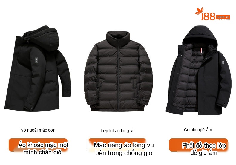 Áo Khoác Phao Nam Lông Vũ 3 Trong 1 Tháo Rời Lớp Trong Giữ Ấm Mùa Đông chi tiết 3