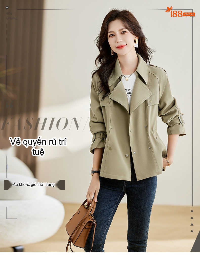 Áo Khoác Gió Nữ Cổ chữ Vest Dáng Ôm Tay Dài Màu Be, Xanh chi tiết 2