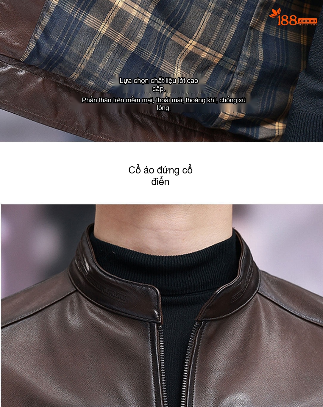 Áo Khoác Da Cừu Nam Dáng Ngắn Cổ Trụ Màu Nâu chi tiết 4