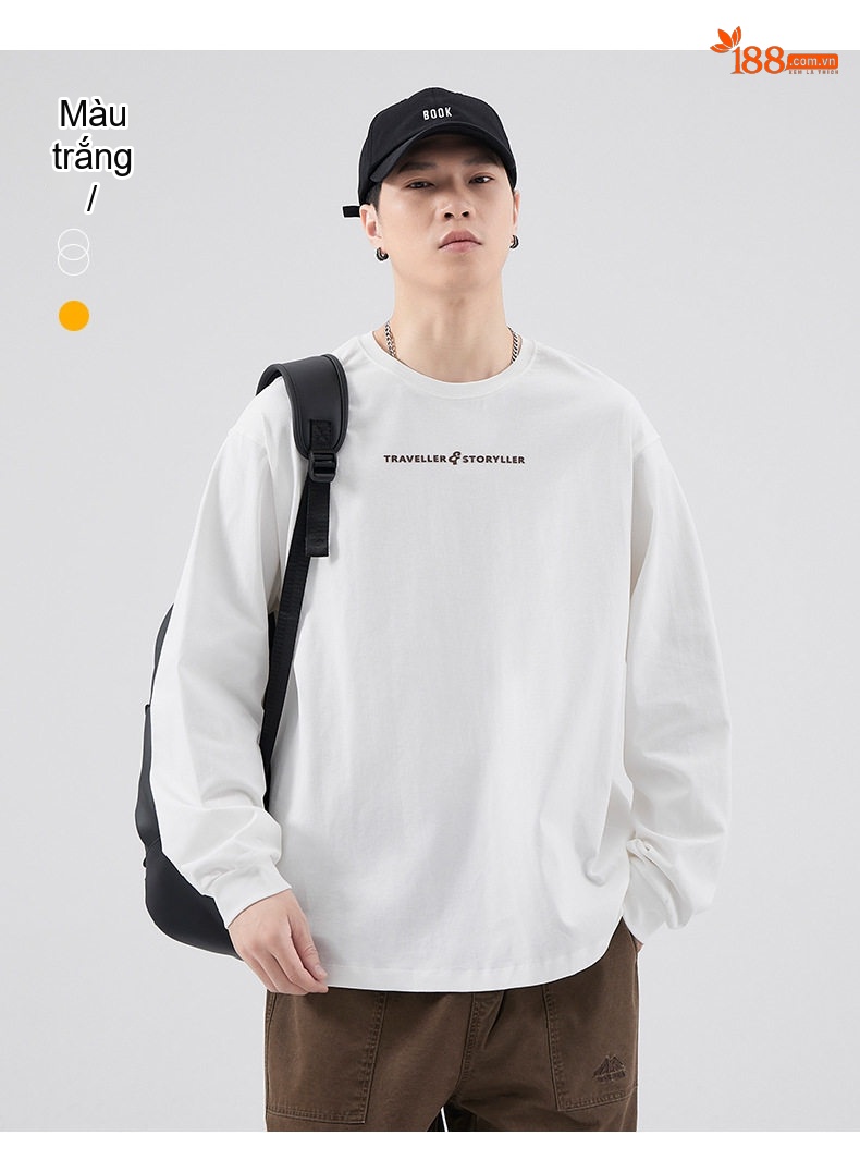 Áo Thun Tay Dài Nam Cotton Dáng Rộng Phong Cách Casual Màu Xám, Nâu, Trắng chi tiết 11