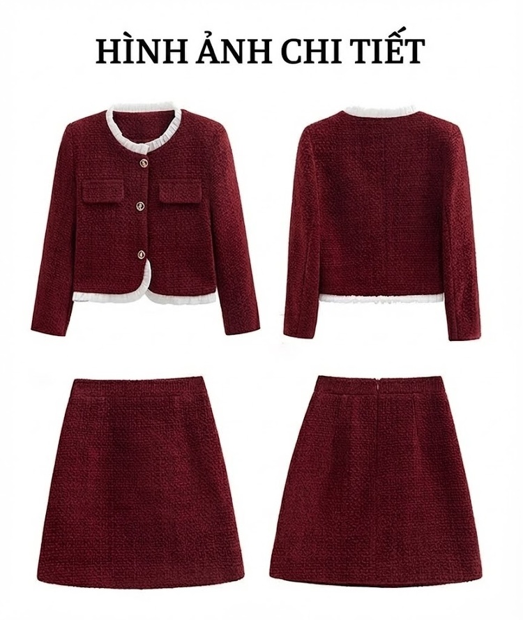Set Áo Khoác và Chân Váy Ngắn Tiểu Thư Thanh Lịch Màu Đỏ, Hồng, Đen chi tiết 37