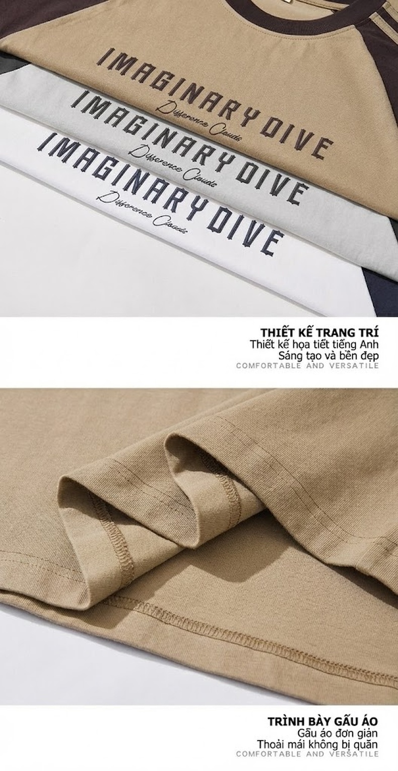 Áo Thun Tay Dài Nam Raglan Ba Sọc Kiểu Oversize Cotton Màu Trắng, Nâu, Xanh Navy chi tiết 18