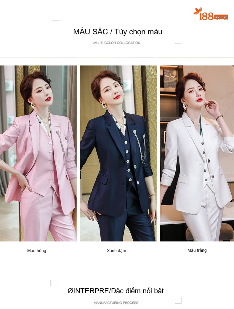 Bộ Vest Nữ Công Sở Áo Khoác Quần Dài và Áo Gile Phong Cách Hàn Quốc Màu Hồng, Xanh Navy, Trắng chi tiết 5