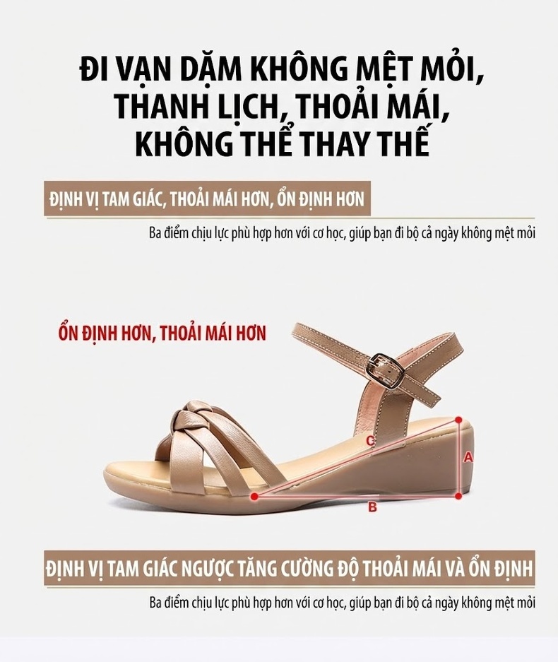 Dép Sandal Nữ Quai Ngang Da Bò Đế Cao 5cm - 6cm Màu Đen, Kem chi tiết 10