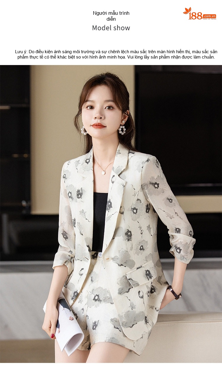 Bộ Vest Blazer Nữ Tay Lỡ In Họa Tiết Thiết Kế Kèm Quần Short Màu Be, Xanh chi tiết 5