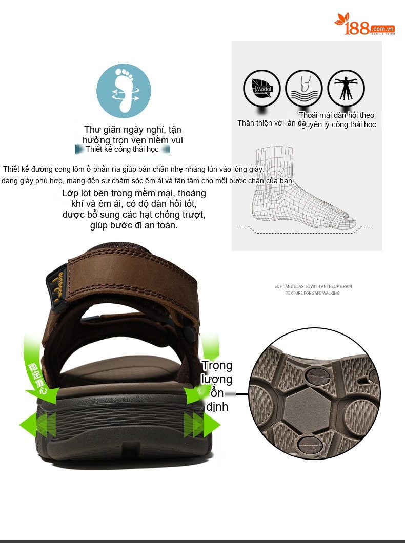Sandal Nam Da Bò Hở Ngón Thoáng Khí Chiều Cao Đế Khoảng 3cm Màu Nâu, Đen chi tiết 13