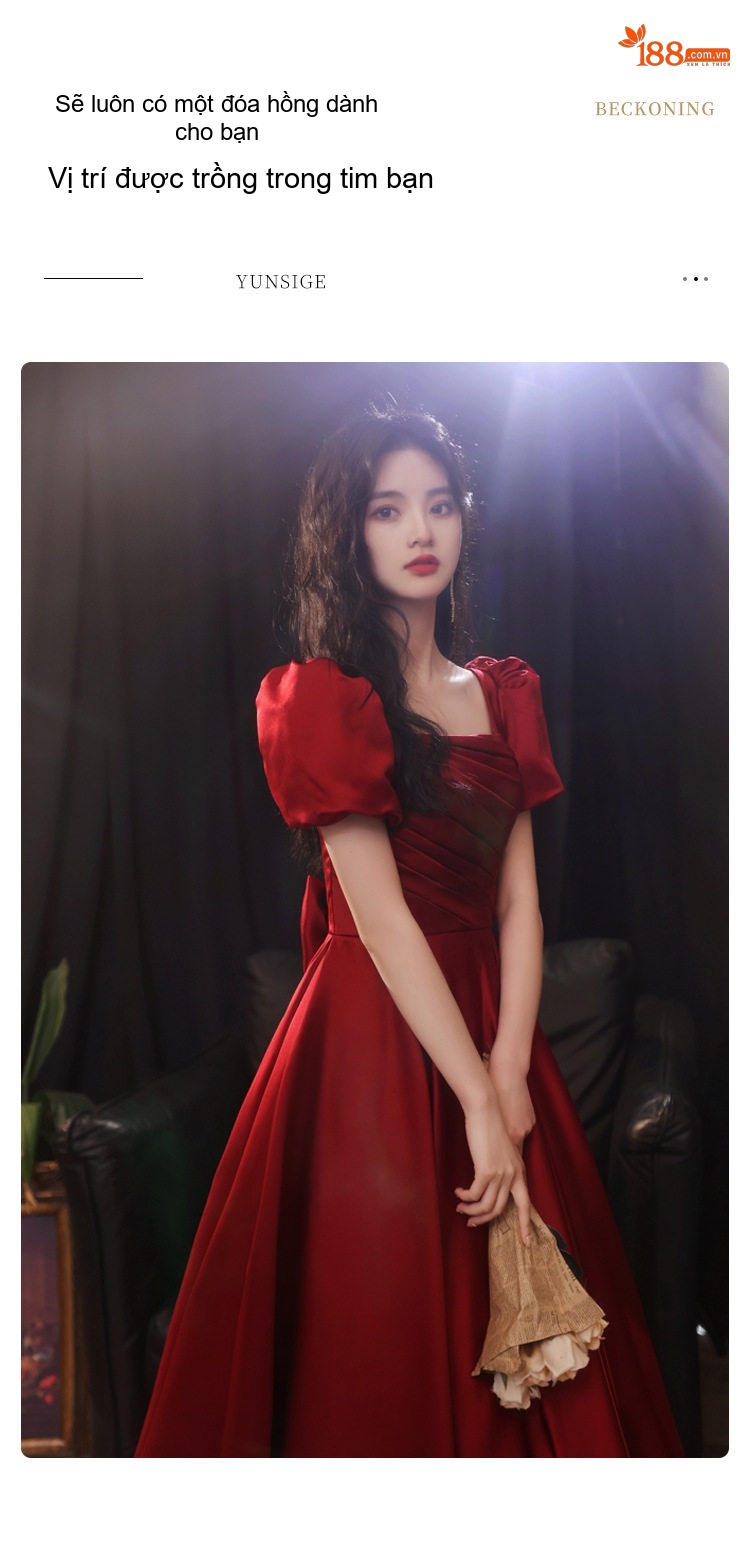 Váy Dạ Hội Nữ Tay Bồng Cổ chữ Vuông Dáng Dài Phù Hợp Đám Hỏi, Ăn Tiệc Màu Đỏ chi tiết 11