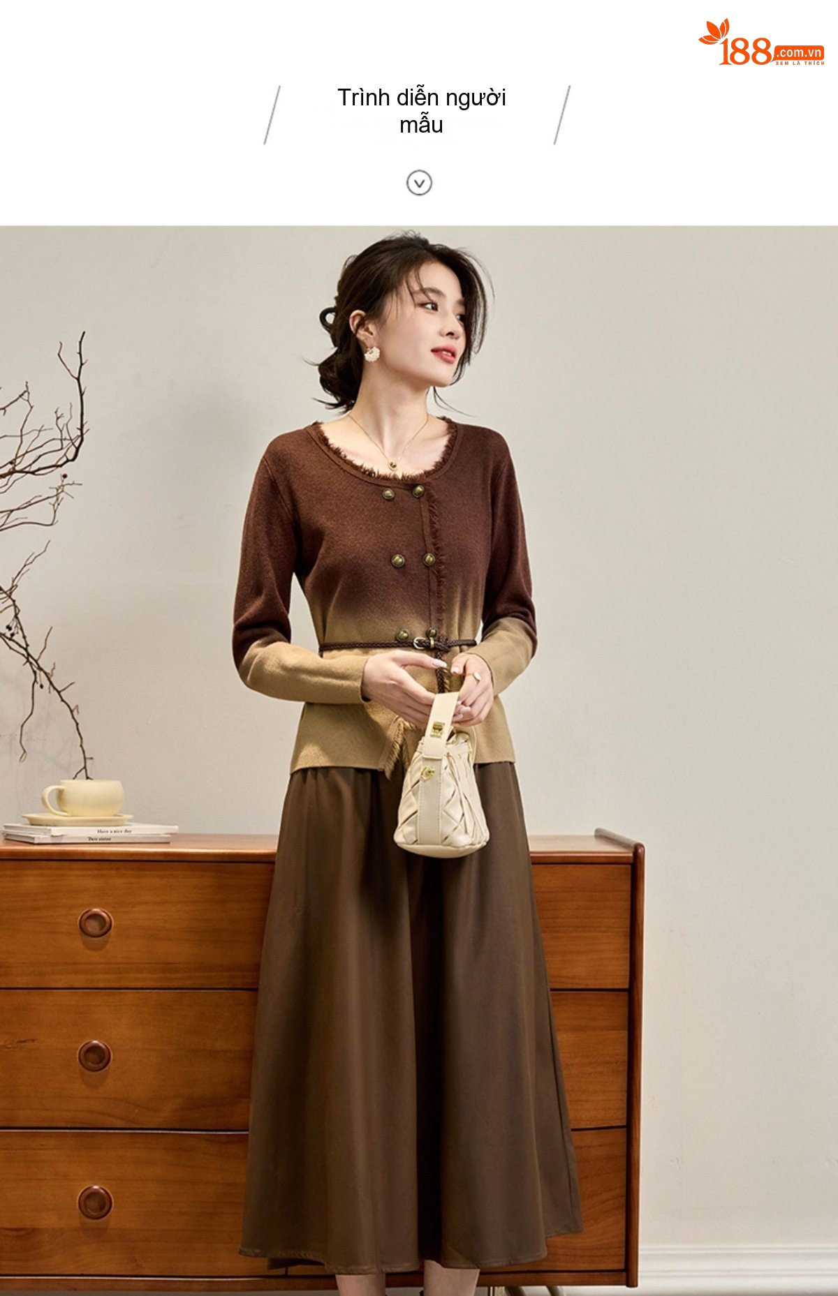 Váy Liền Thân Nữ dáng chữ A Chiết Eo Phong Cách Nhẹ Nhàng Thanh Lịch Thu Đông Màu Nâu, Đen chi tiết 13