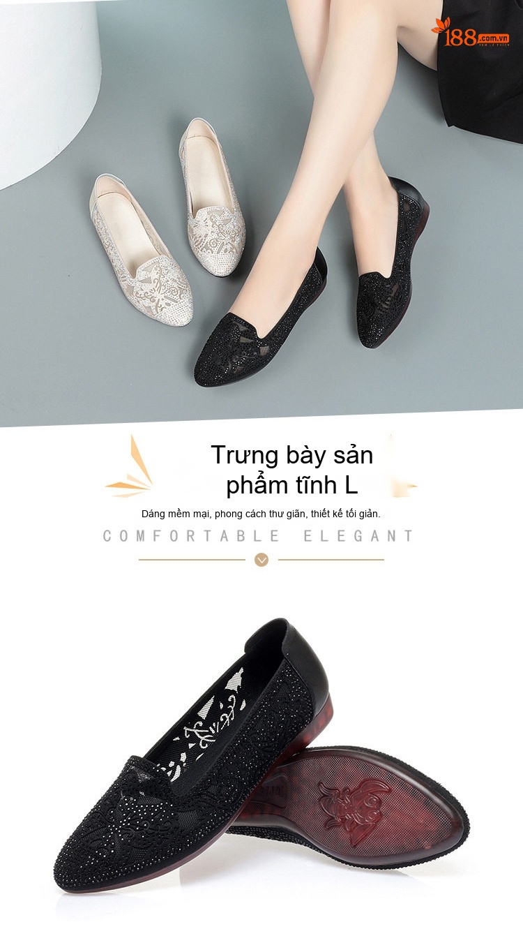 Giày Búp Bê Lưới Mềm Thoáng Khí Đế Bằng Chống Trượt Chiều Cao Đế Khoảng 2cm Màu Kem, Đen chi tiết 9