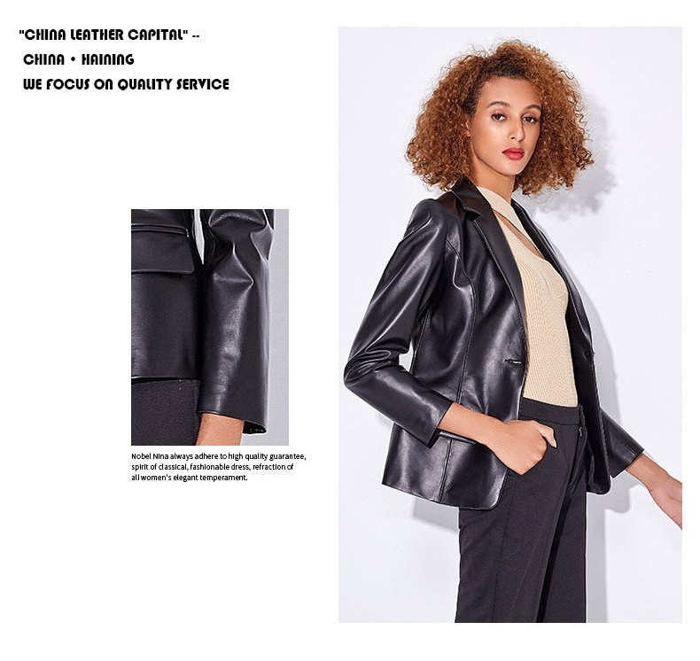 Áo Khoác Blazer Nữ Da Cừu Thật Dáng Motor Tiểu Tây Trang Màu Đen chi tiết 8