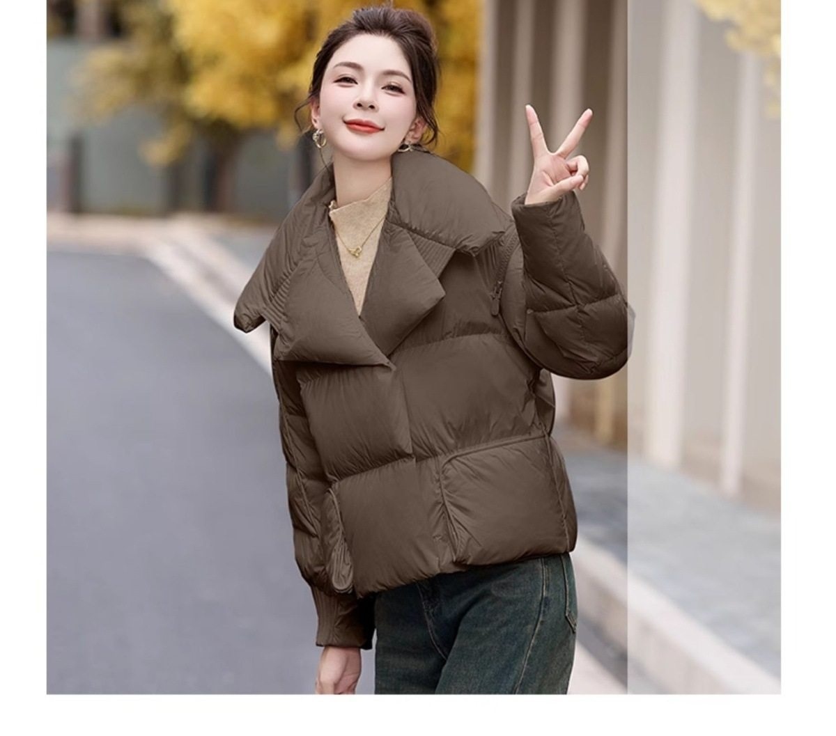 Áo Khoác Phao Nữ Ngắn Dáng Nhỏ Gọn Lót Lông Vịt Dày Ấm Áp Phong Cách Thời Trang Màu Đen, Nâu, Trắng, Xanh Rêu chi tiết 6