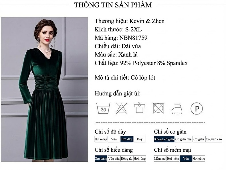 Đầm Nhung Dài Tay Cổ chữ V Thu Đông Chiết Ly Eo Vừa Họa Tiết Bèo Nhún Màu Xanh Lá chi tiết 19