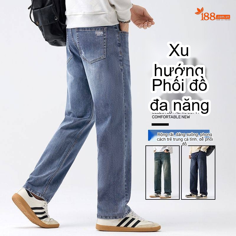 Quần Jean Ống Rộng Nam Dáng Suông Phong Cách Retro Màu Xanh Dương, Đen