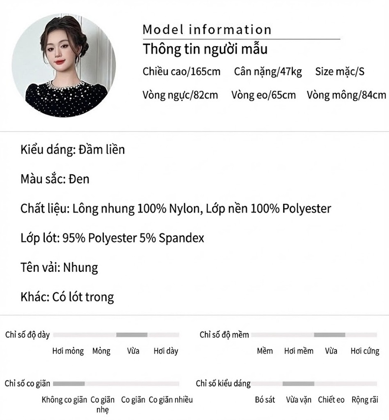 Váy Tiểu Thư Nữ Nhung Tăm Đính Hạt Cổ Tròn Tay Dài Thu Đông Màu Đen chi tiết 2