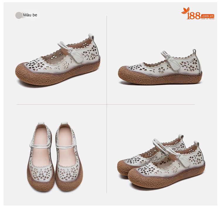 Giày Búp Bê Nữ Da Mờ Lỗ Thoáng Khí Chiều Cao Đế Khoảng 3cm Màu Nâu, Kem chi tiết 17