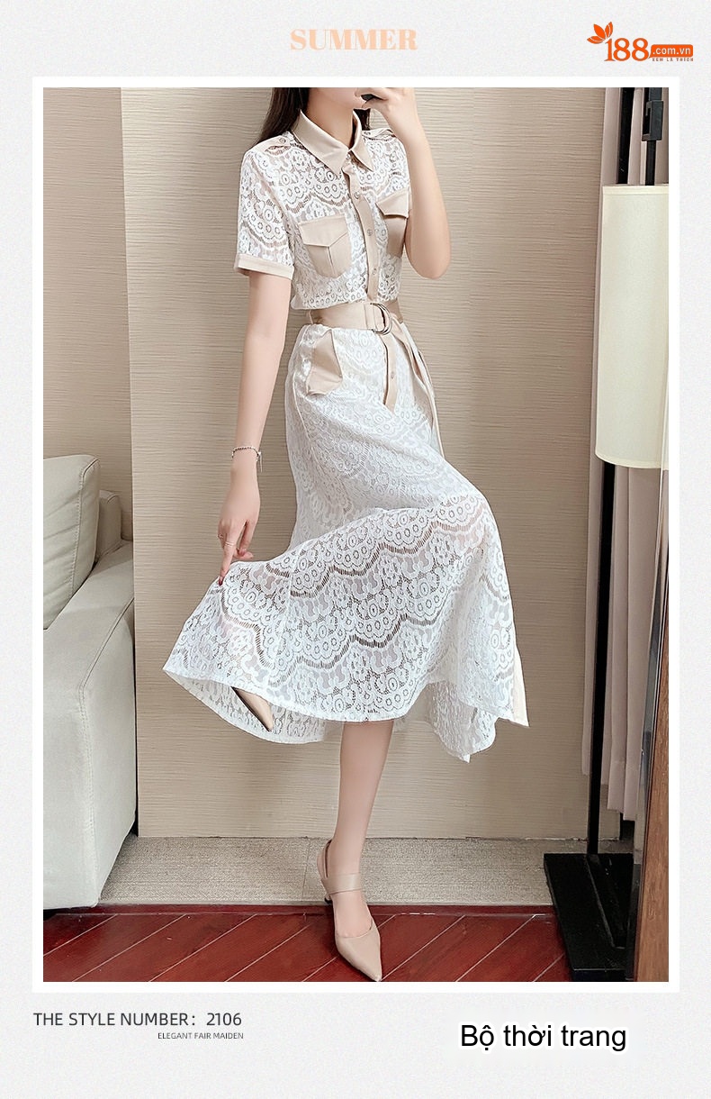 Set Áo Ren Tay Ngắn và Chân Váy Midi Phong Cách Hepburn Thanh Lịch Màu Trắng, Kem chi tiết 1