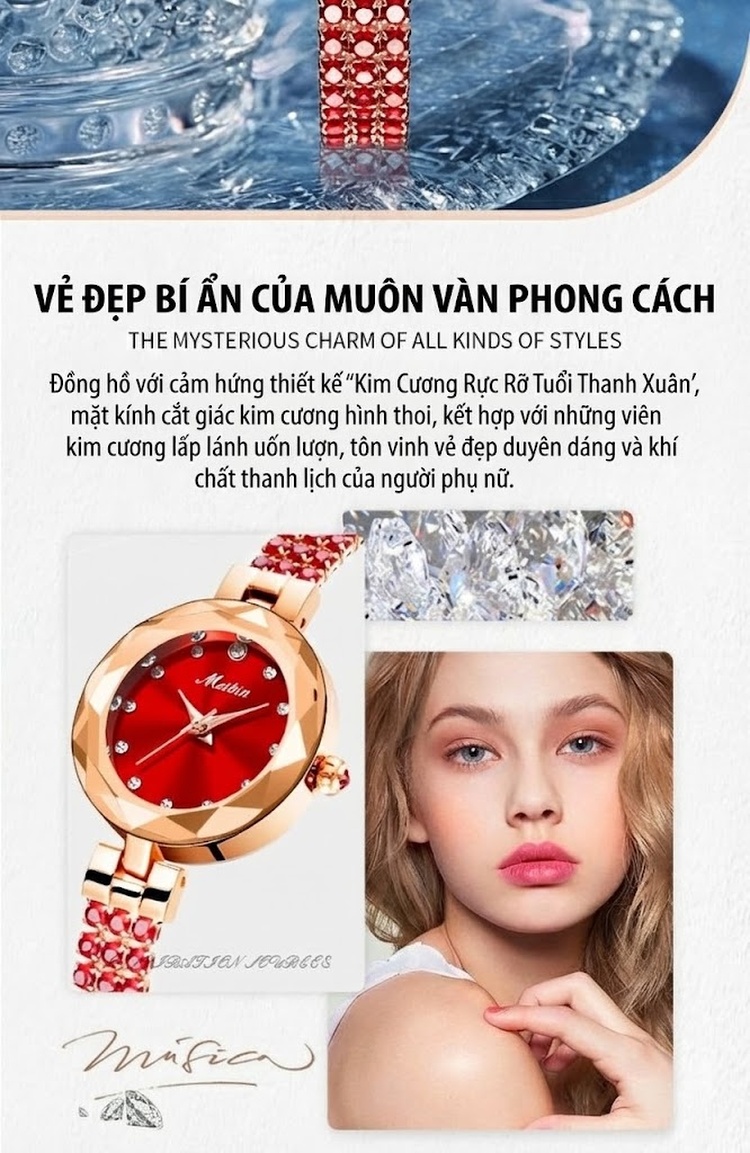Đồng Hồ Nữ Dây Kim Loại Đính Đá Thời Trang Chống Nước Màu Đỏ, Xanh Lá, Tím... chi tiết 2