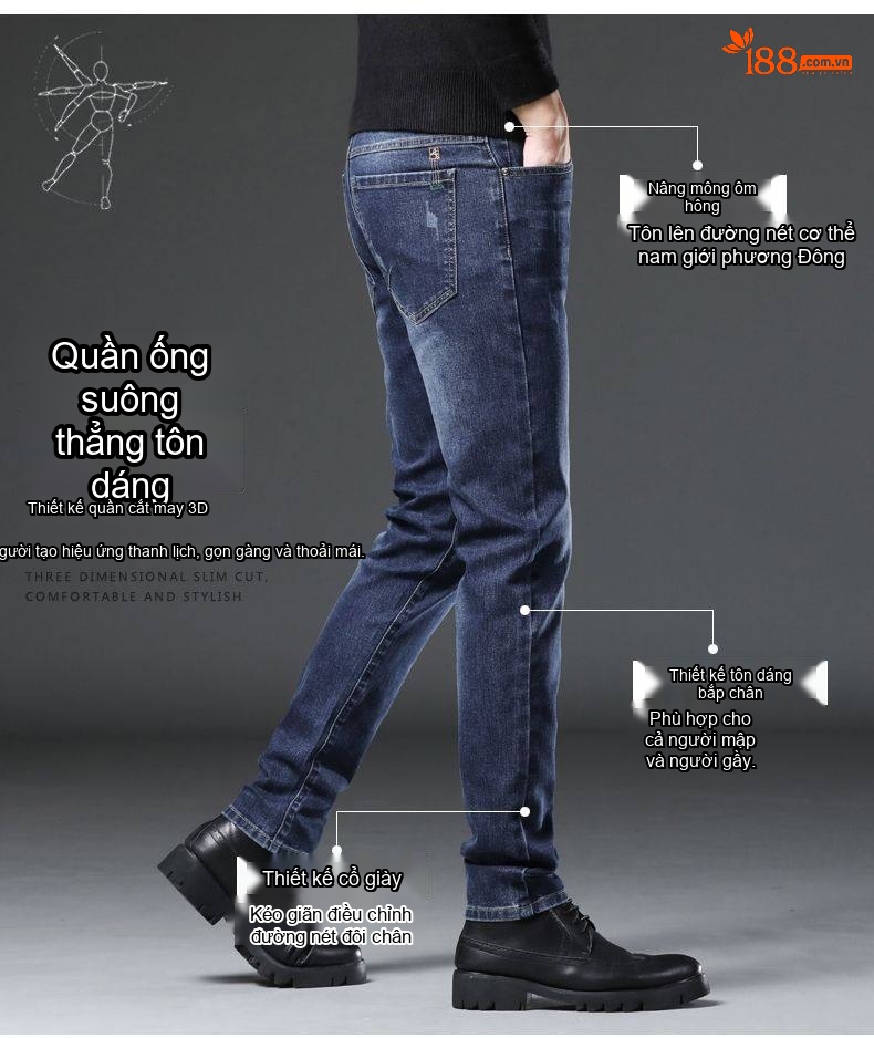 Quần Jean Nam Dáng Ôm Vừa Vặn Co Giãn Nhẹ Màu Xanh Đậm chi tiết 7