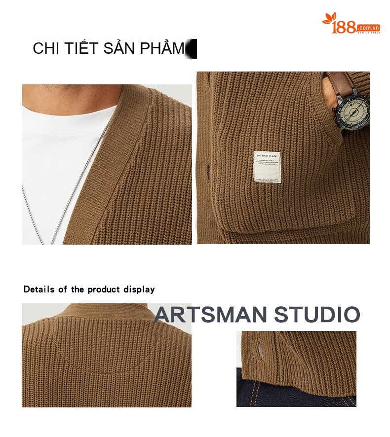 Áo Khoác Cardigan Nam Dệt Kim Cổ Chữ V Dáng Rộng Màu Xanh Navy, Nâu chi tiết 4