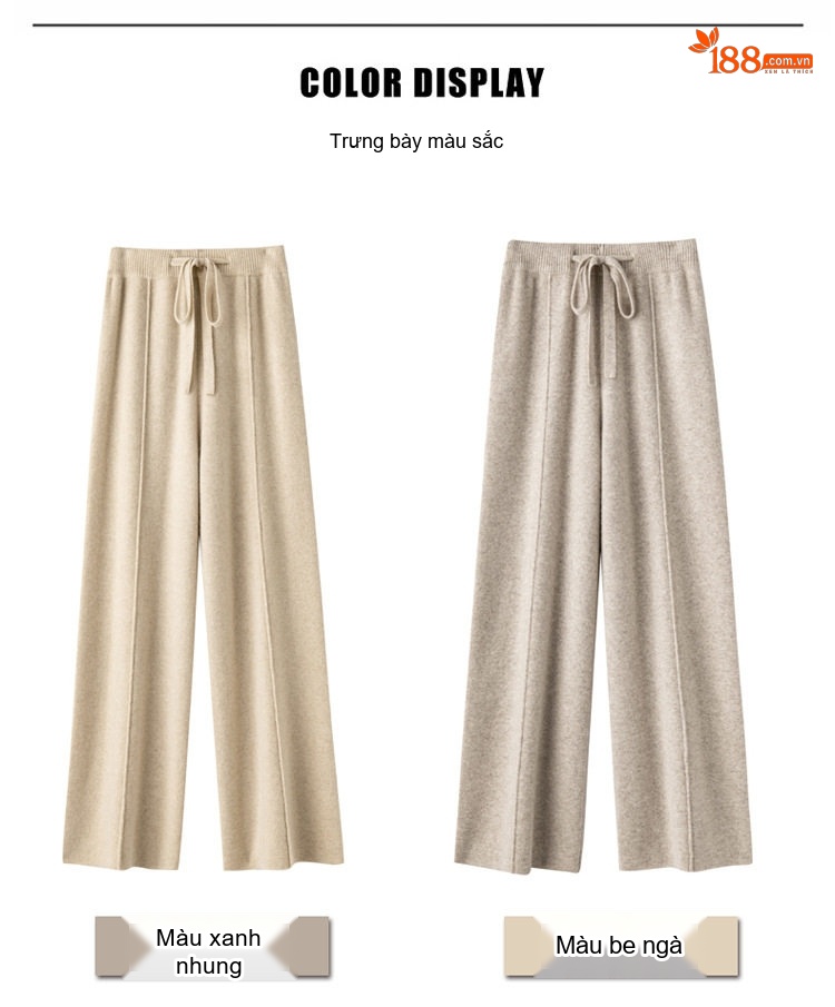Quần Ống Rộng Nữ Lưng Cao Chất Liệu Lông Dê Cashmere Dáng Suông Dây Rút Màu Trắng, Be, Nâu chi tiết 4
