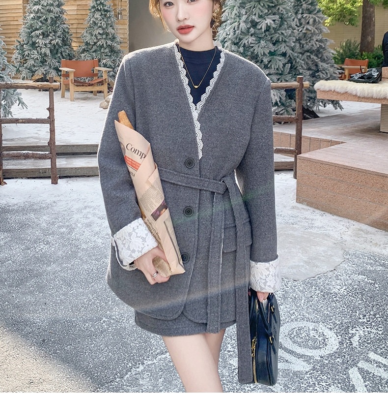 Bộ Áo Blazer Quần Short Nữ Vải Lông Cừu Phong Cách Tiểu Thư Hàn Quốc Lót Lông Vũ Dày Dặn Màu Xám chi tiết 19